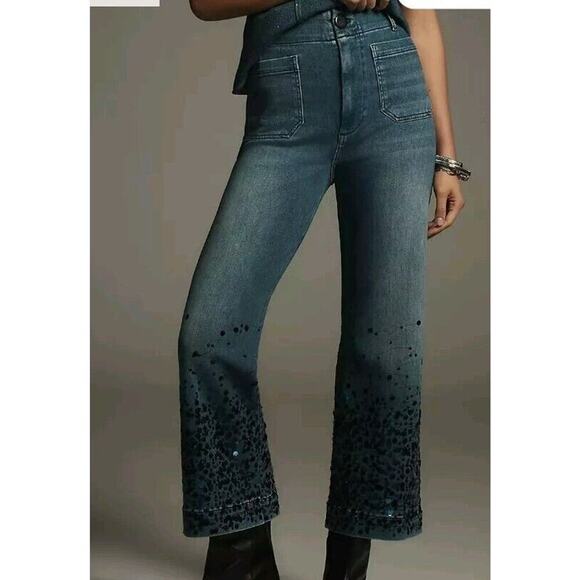 Anthropologie Colette Cropped High-Rise Wide-Leg Jeans: Sequin Sparkle, 23 TALL - Picture 2 of 11